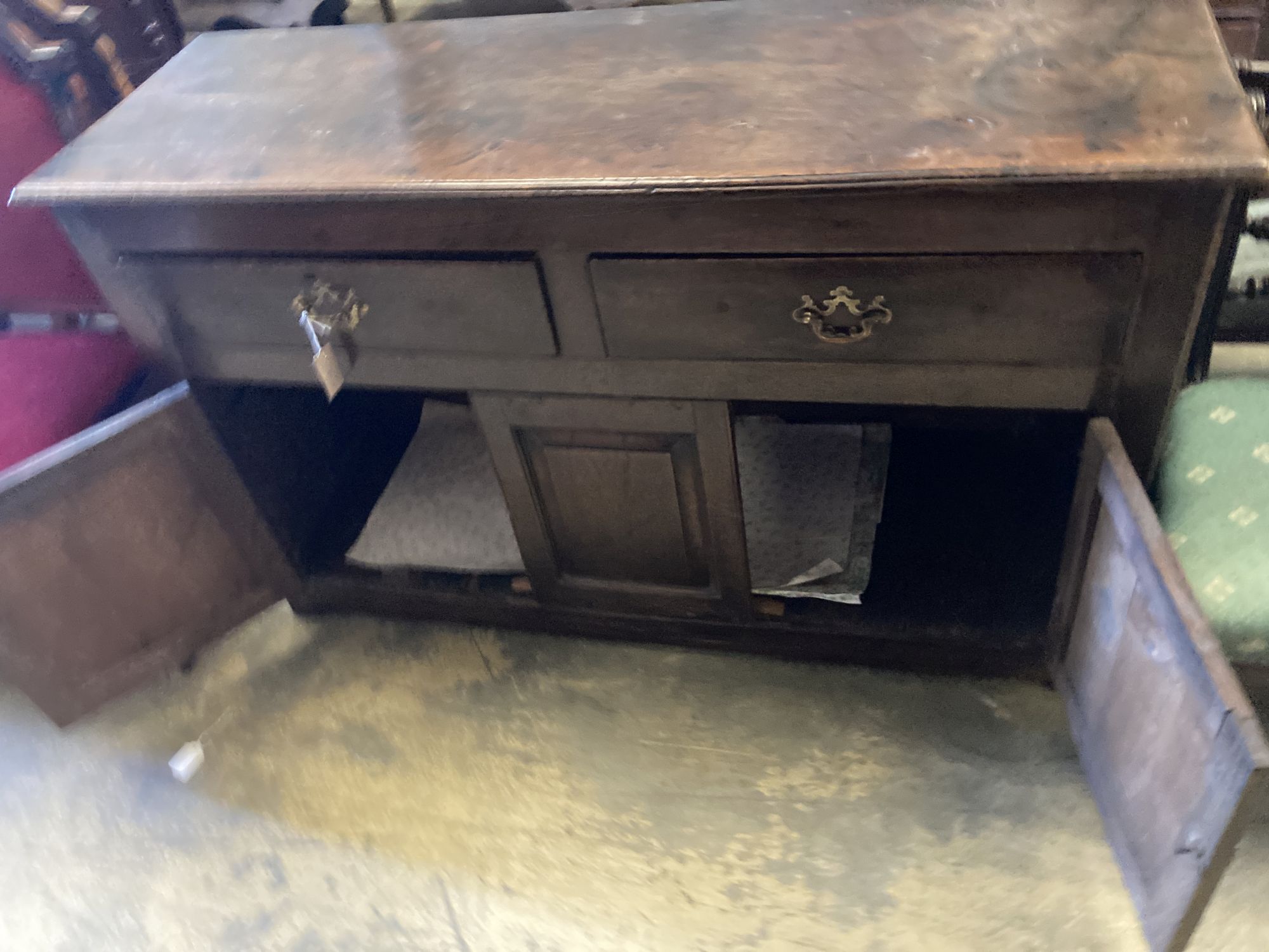 An 18th century oak dresser base, width 142cm, depth 48cm, height 87cm